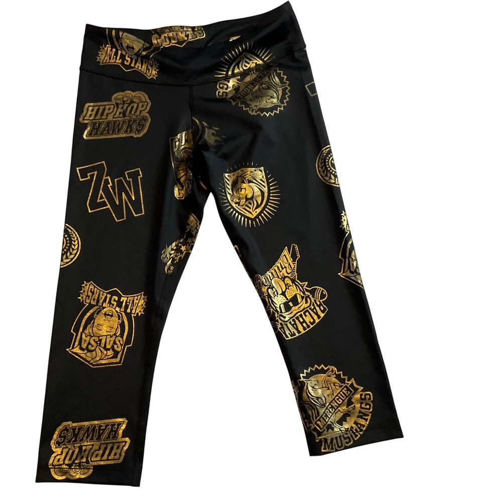 Zumba Wear Crop Leggings Black Gold Print All Stars Hip‎ Hop Hawks Sz S